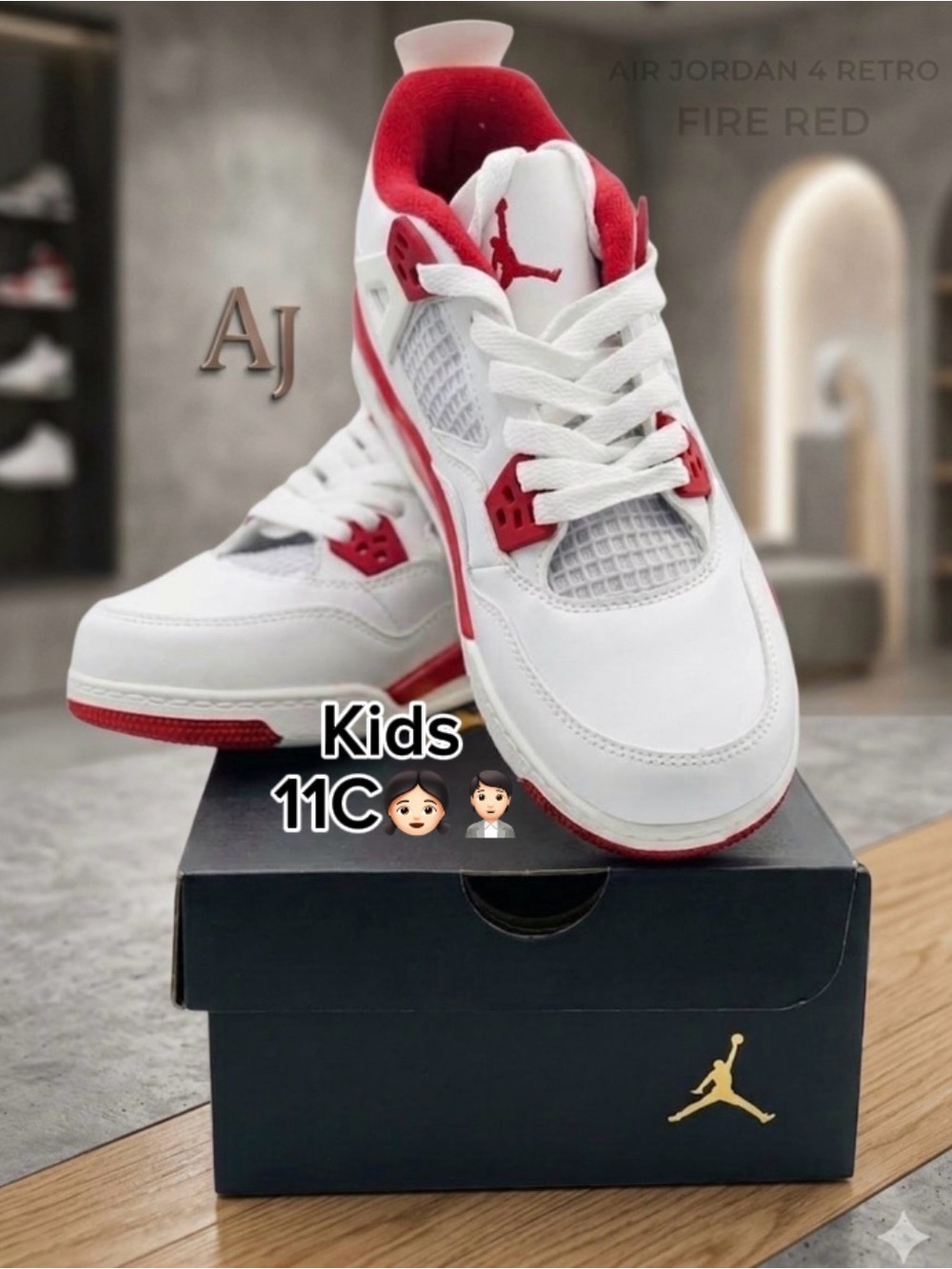 Jordan 4 Retro PS FOR Kids White & Red Low-Top Sneakers (Size 11c)🙋🏻🙋🏻‍♀️